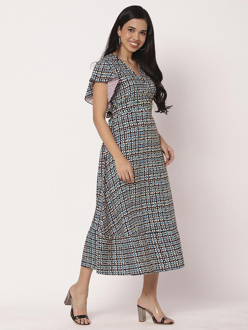 women printed flute sleeves tiered dress - 21693295 -  Standard Image - 1