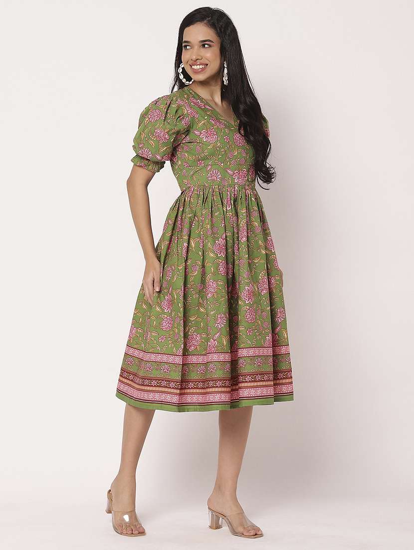 women printed puff sleeves fit & flare dress - 21693296 -  Standard Image - 1
