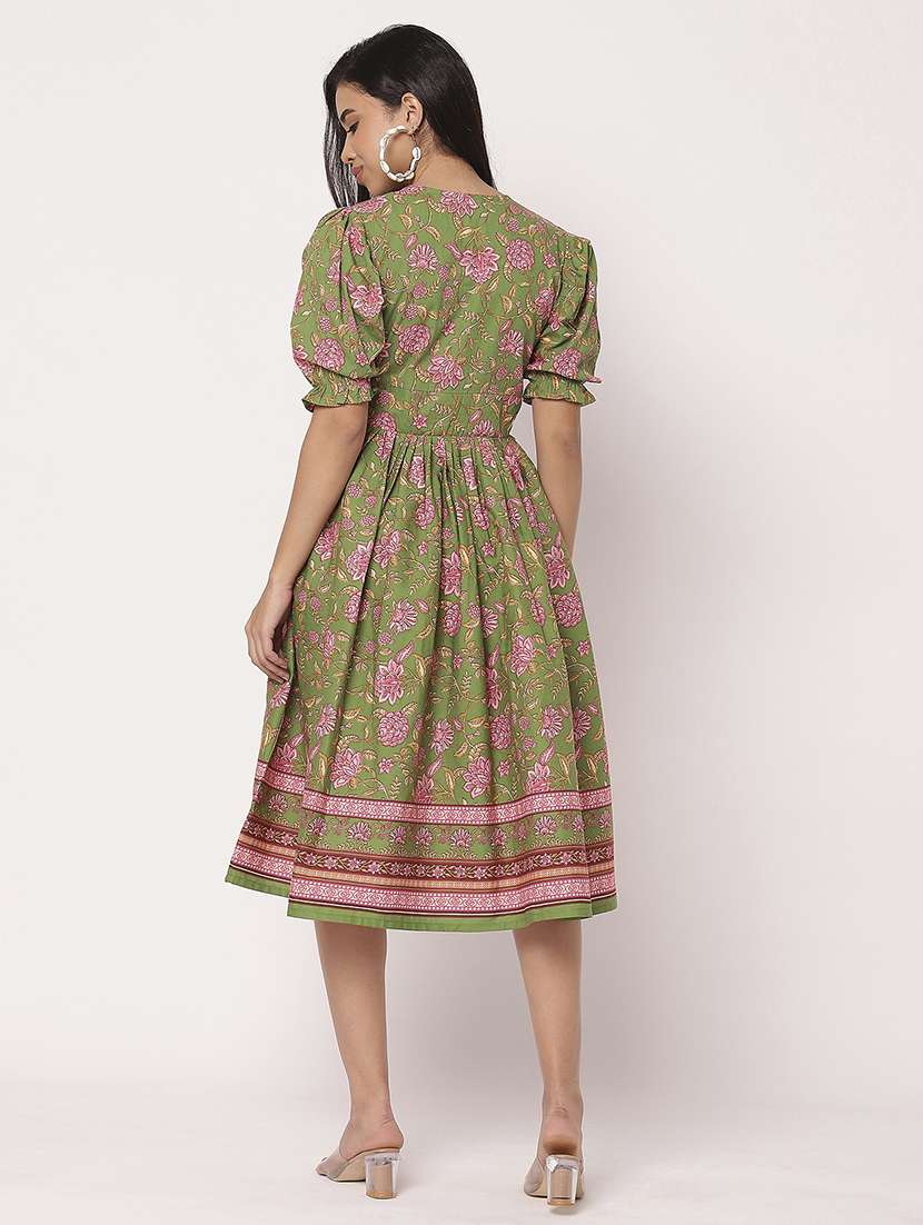 women printed puff sleeves fit & flare dress - 21693296 -  Standard Image - 4