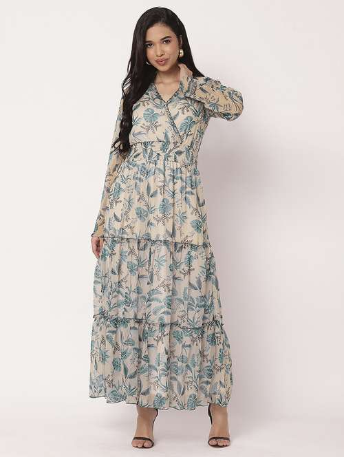 women printed long sleeves tiered dress