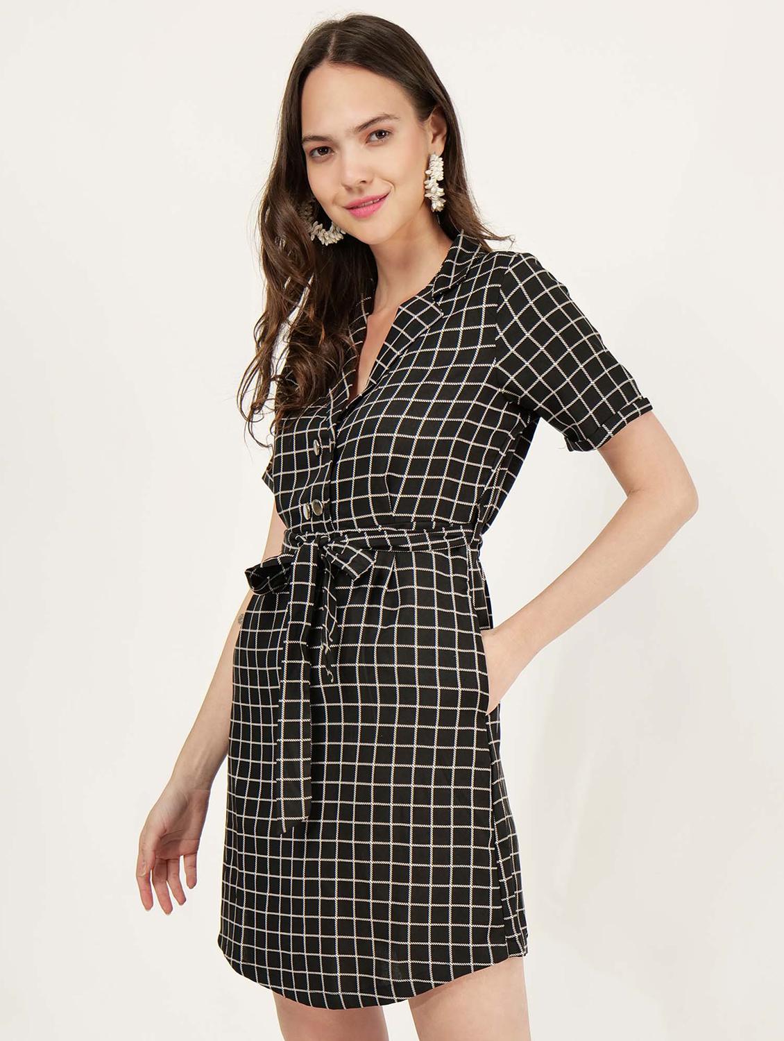 women checkered lapel collar a-line dress - 21693308 - Standard Image - 1