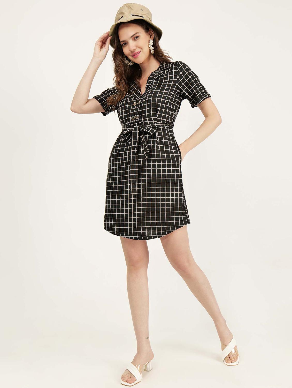 women checkered lapel collar a-line dress - 21693308 - Standard Image - 4