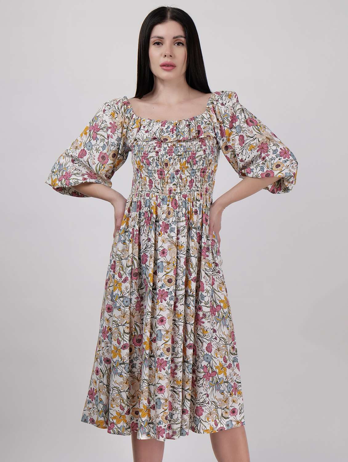 women square neck floral printed fit & flare dress