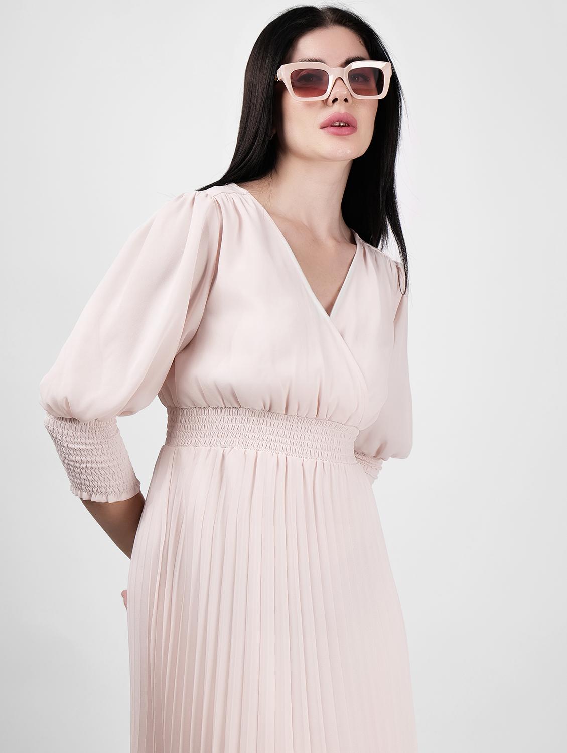 women overlap neck solid fit & flare dress - 21693329 - Standard Image - 4