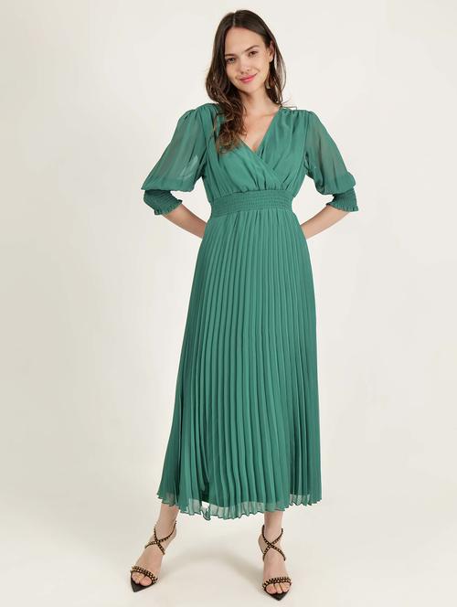 women overlap neck solid fit & flare dress - 21693332 - Standard Image - 0