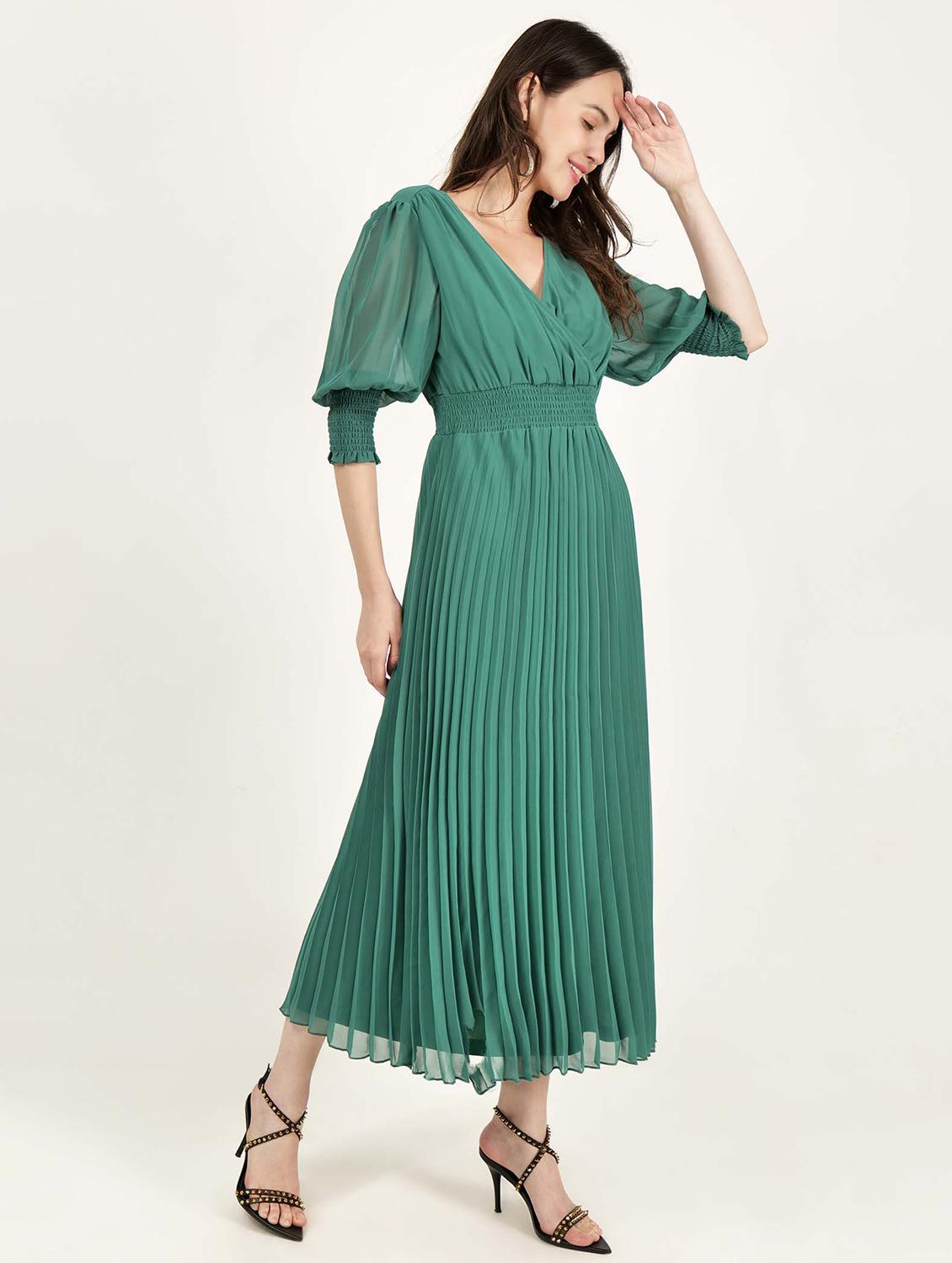 women overlap neck solid fit & flare dress - 21693332 - Standard Image - 1