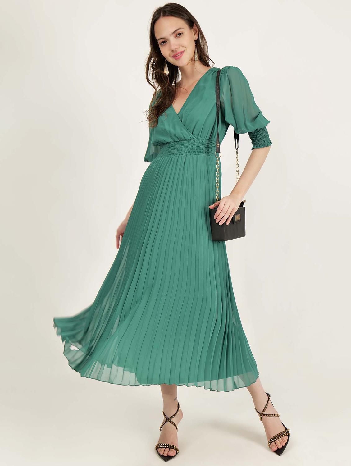 women overlap neck solid fit & flare dress - 21693332 - Standard Image - 4