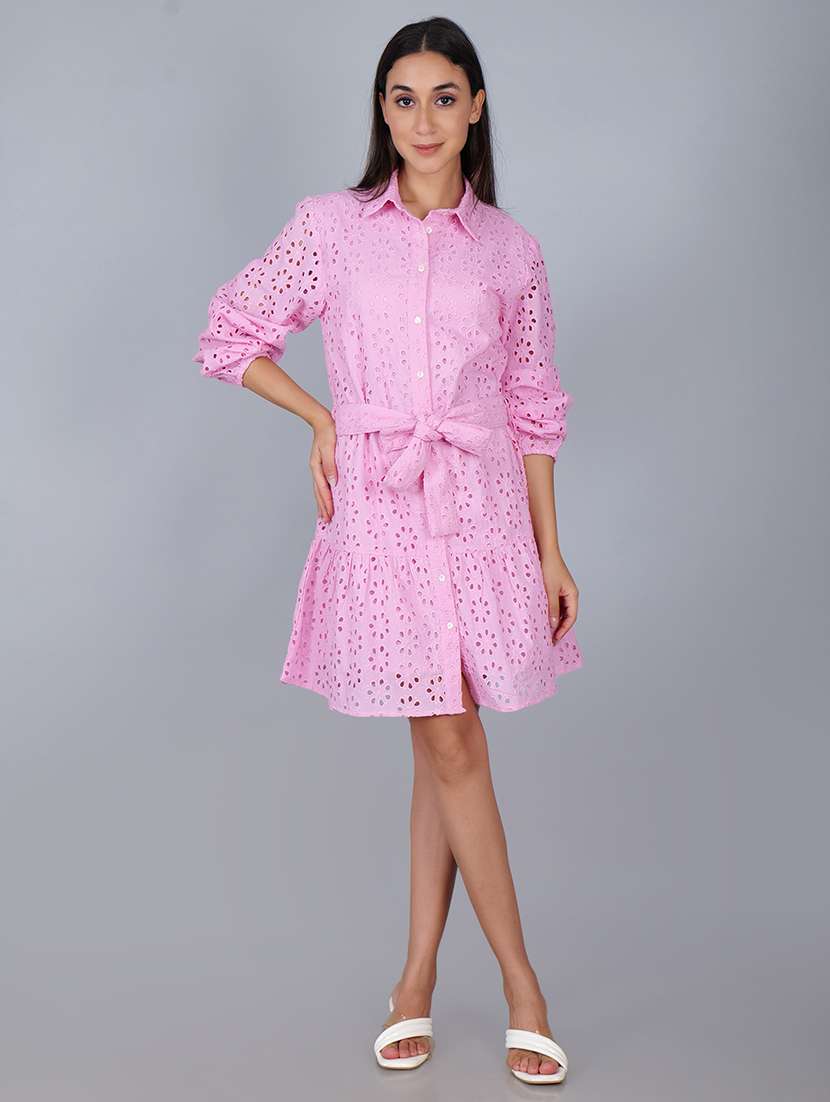 women shirt collar solid tiered dress - 21693338 -  Zoom Image - 0