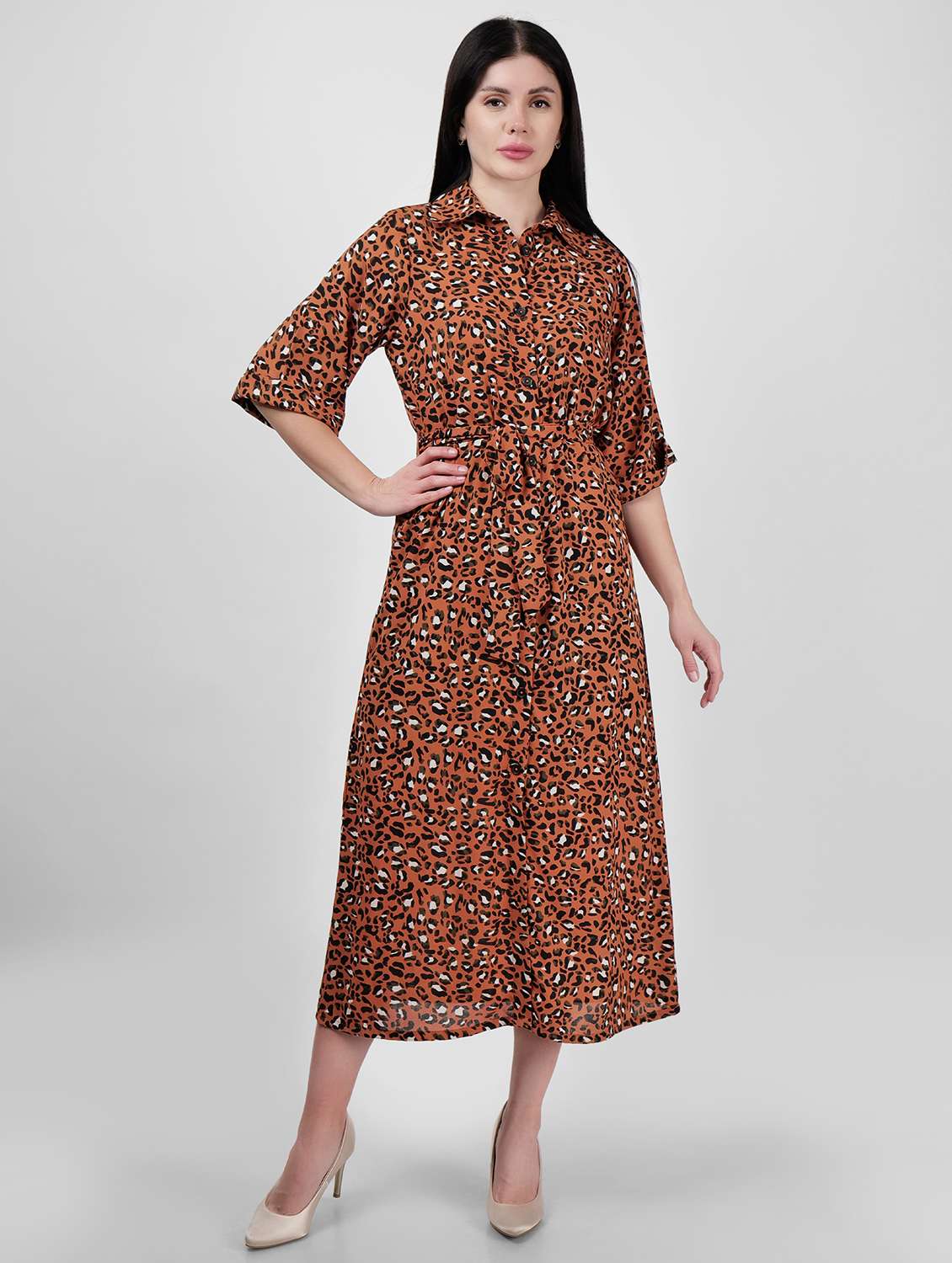 women shirt collar printed a-line dress
