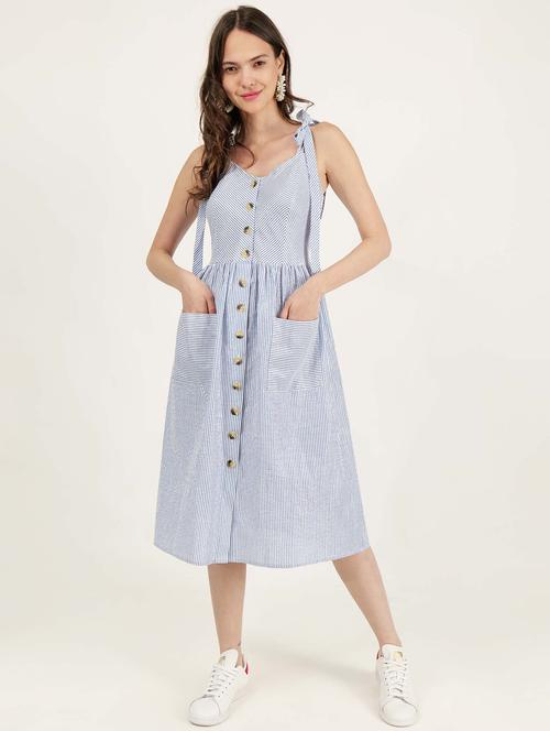 women tie up neck striped a-line dress - 21693350 - Standard Image - 0