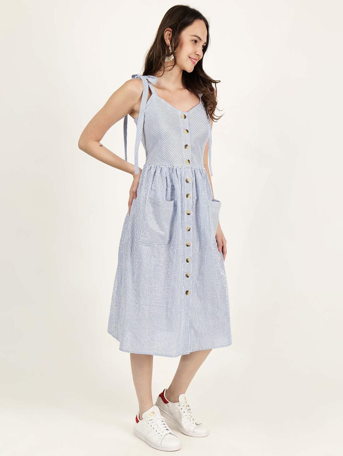 women tie up neck striped a-line dress - 21693350 - Standard Image - 1