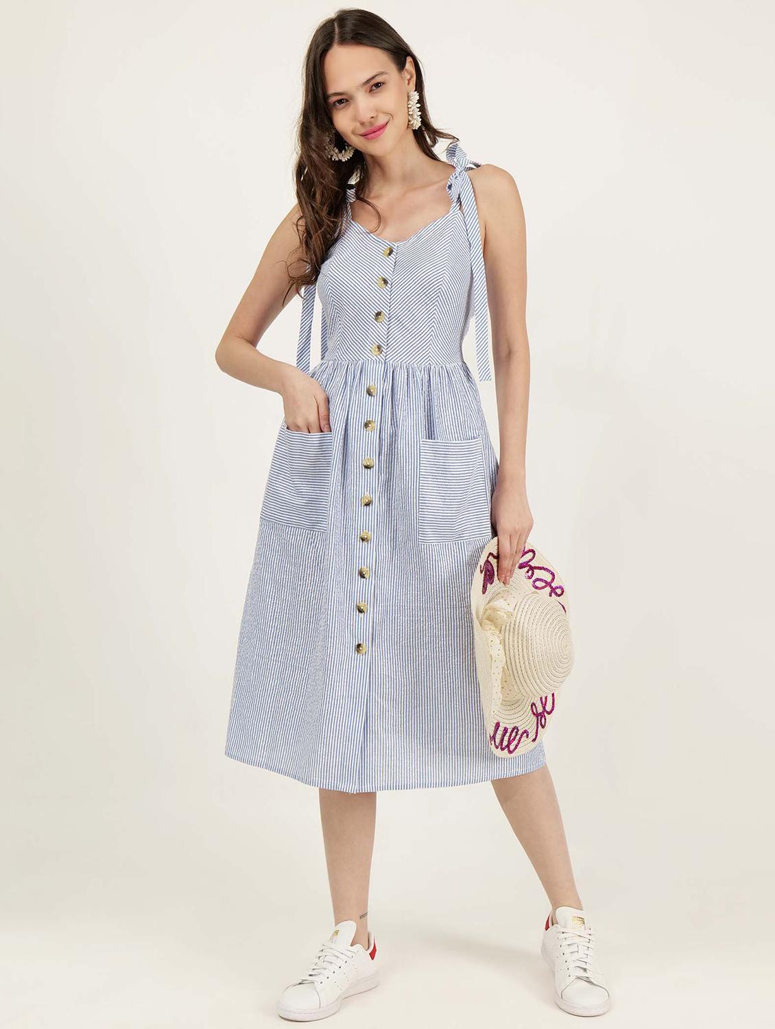 women tie up neck striped a-line dress - 21693350 - Standard Image - 4