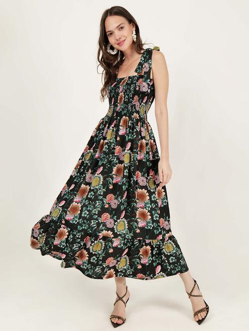 women tie up neck floral printed tiered dress - 21693356 - Standard Image - 0