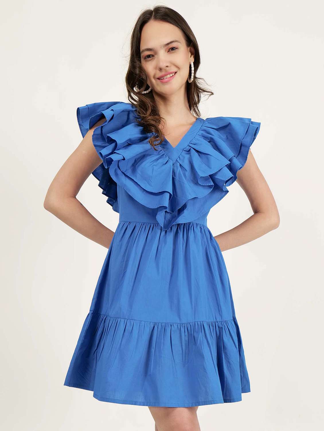 women v-neck solid tiered dress