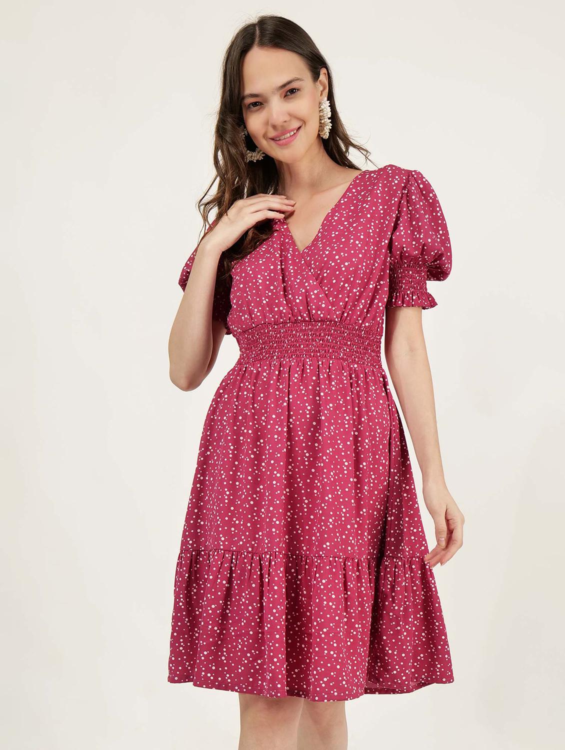 women overlap neck polka dots tiered dress - 21693362 -  Zoom Image - 0