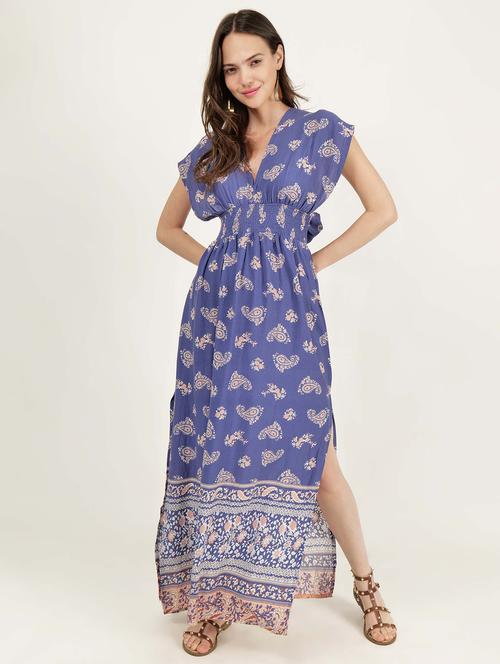 women v-neck printed high slit dress - 21693366 - Standard Image - 0