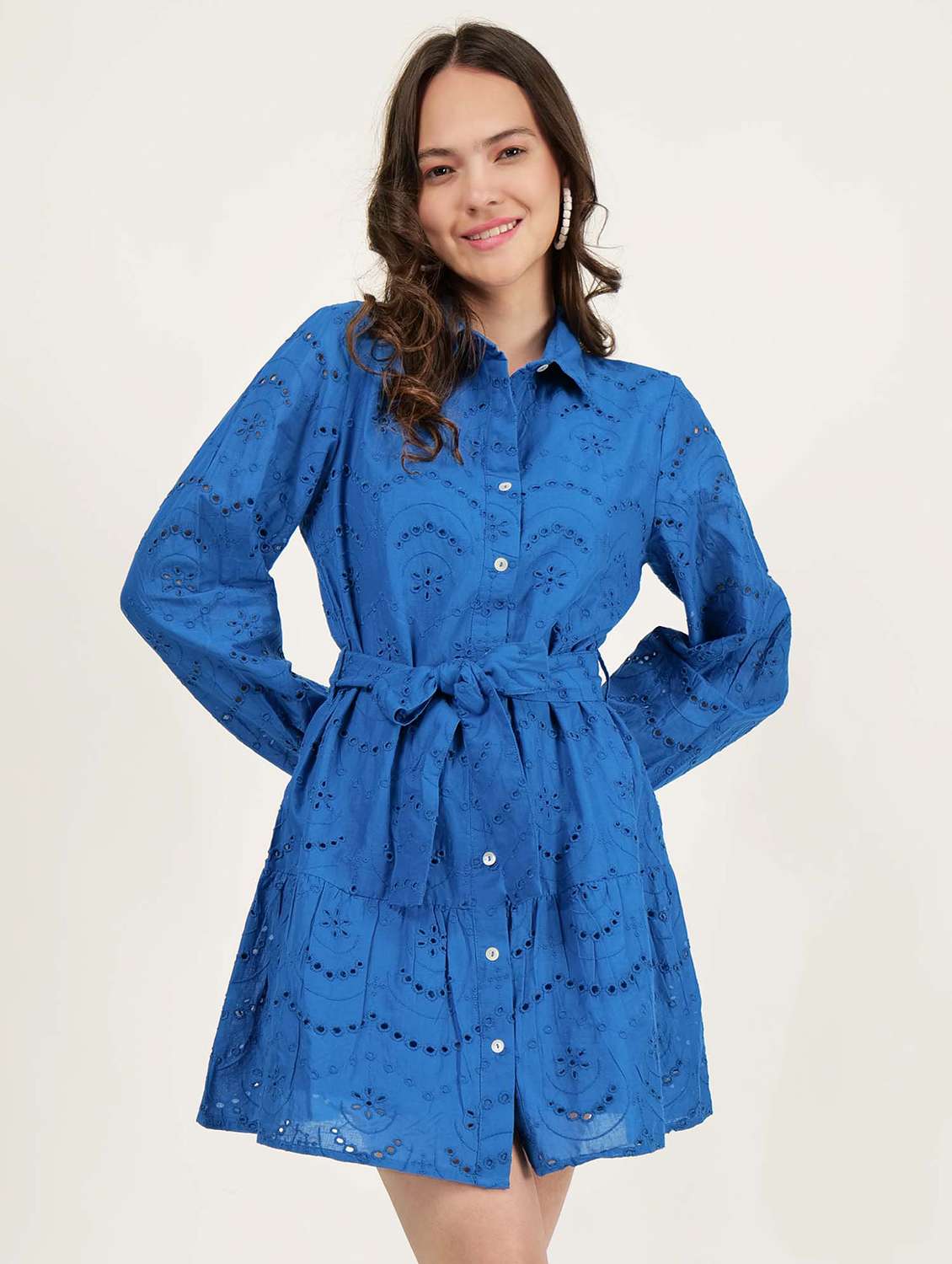 women schiffli work long sleeve a-line dress