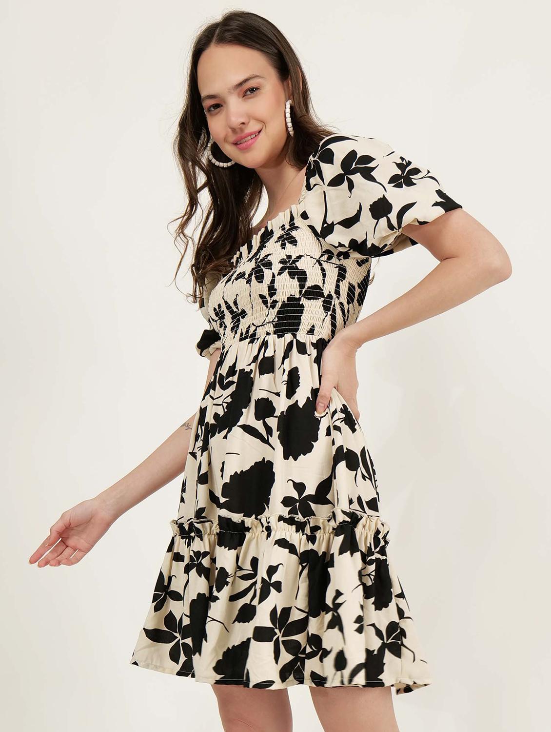 women floral printed puff sleeve fit & flare dress - 21693374 - Standard Image - 1
