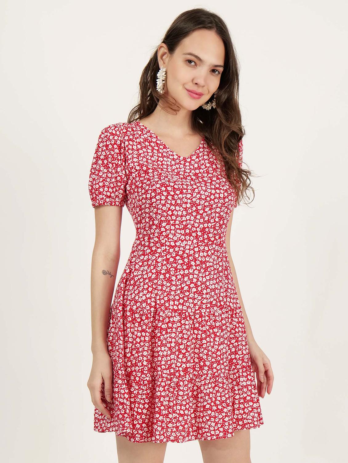 women printed puff sleeve tiered dress - 21693377 - Standard Image - 1