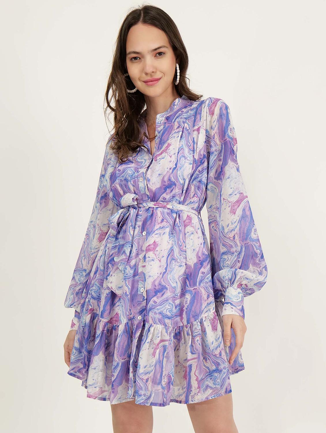 women abstract printed long sleeve tiered dress