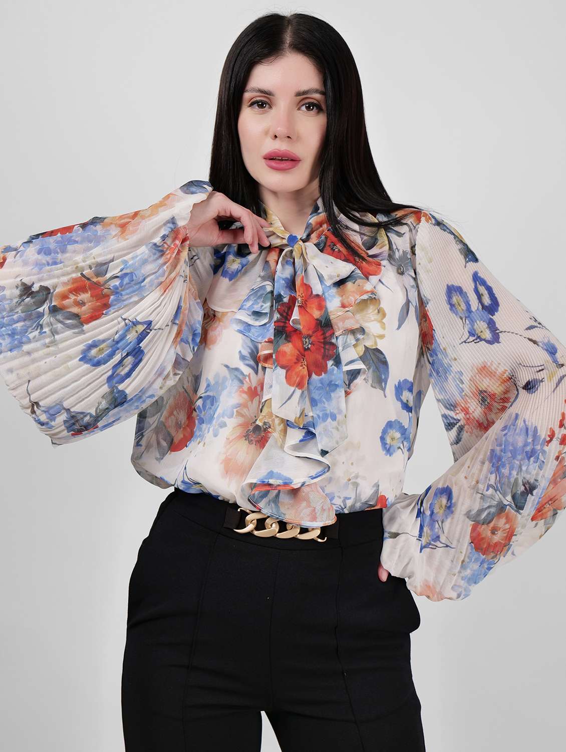 women florals printed tie-up neck top