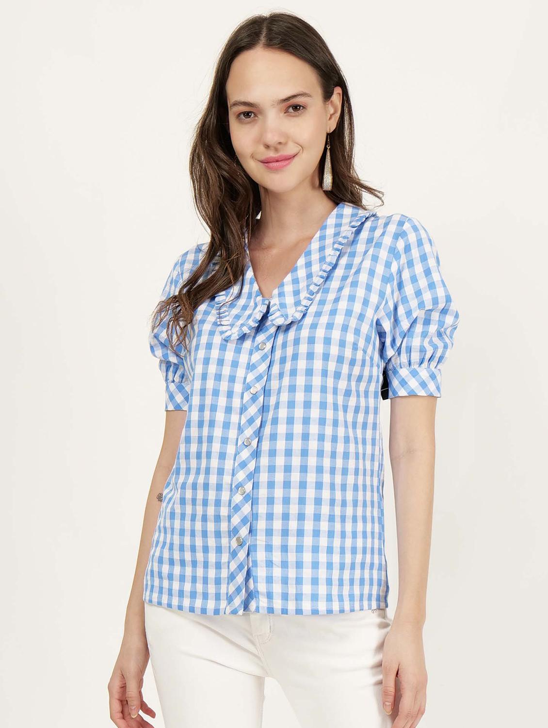 women cheks printed puff sleeve shirt top - 21693393 -  Zoom Image - 0