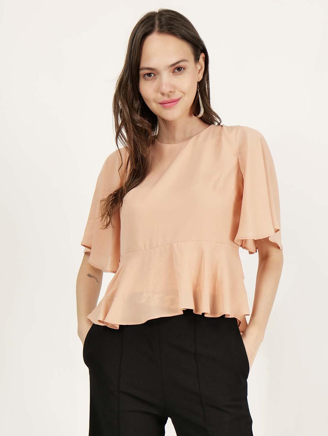 women peach solid round neck top