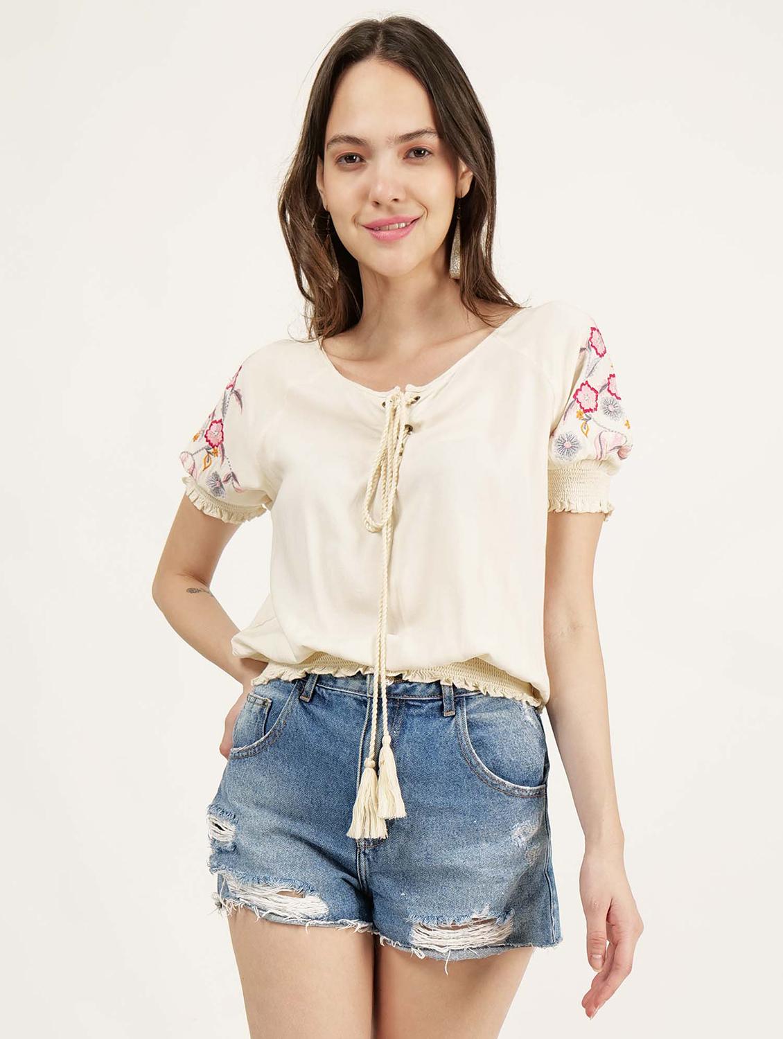 women off white tie-up neck regular top - 21693398 -  Zoom Image - 0