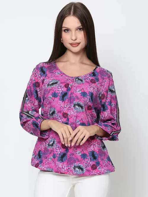 women pink tropical printed round neck top - 21693401 -  Standard Image - 0