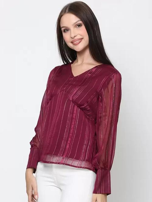 women maroon stripes printed v neck top - 21693402 -  Standard Image - 0