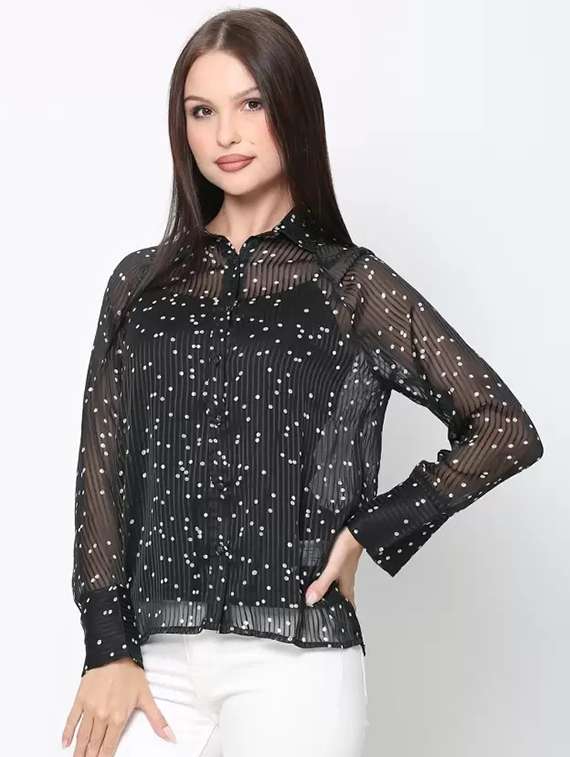 women polka dots printed long sleeve shirt top