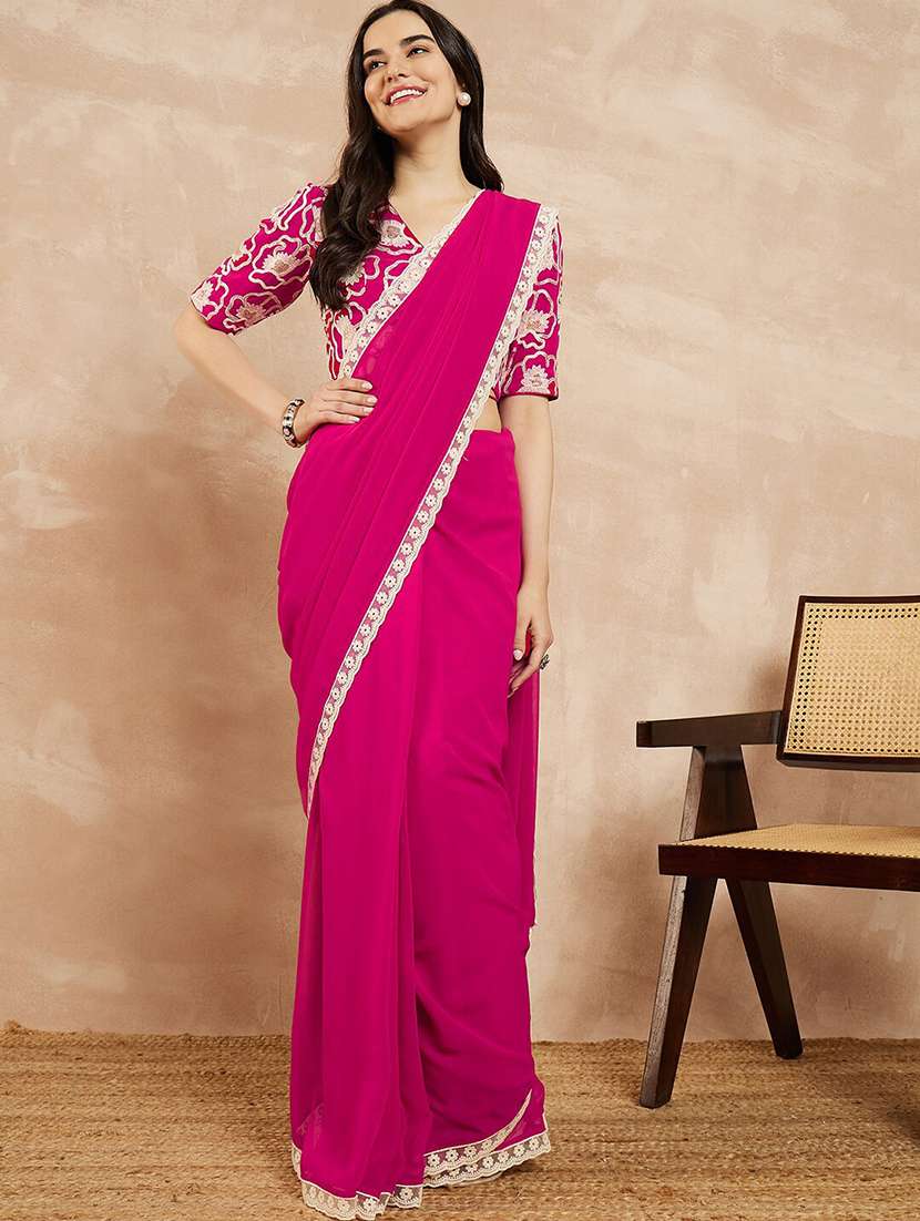 women pink embroidered lace work saree with blouse