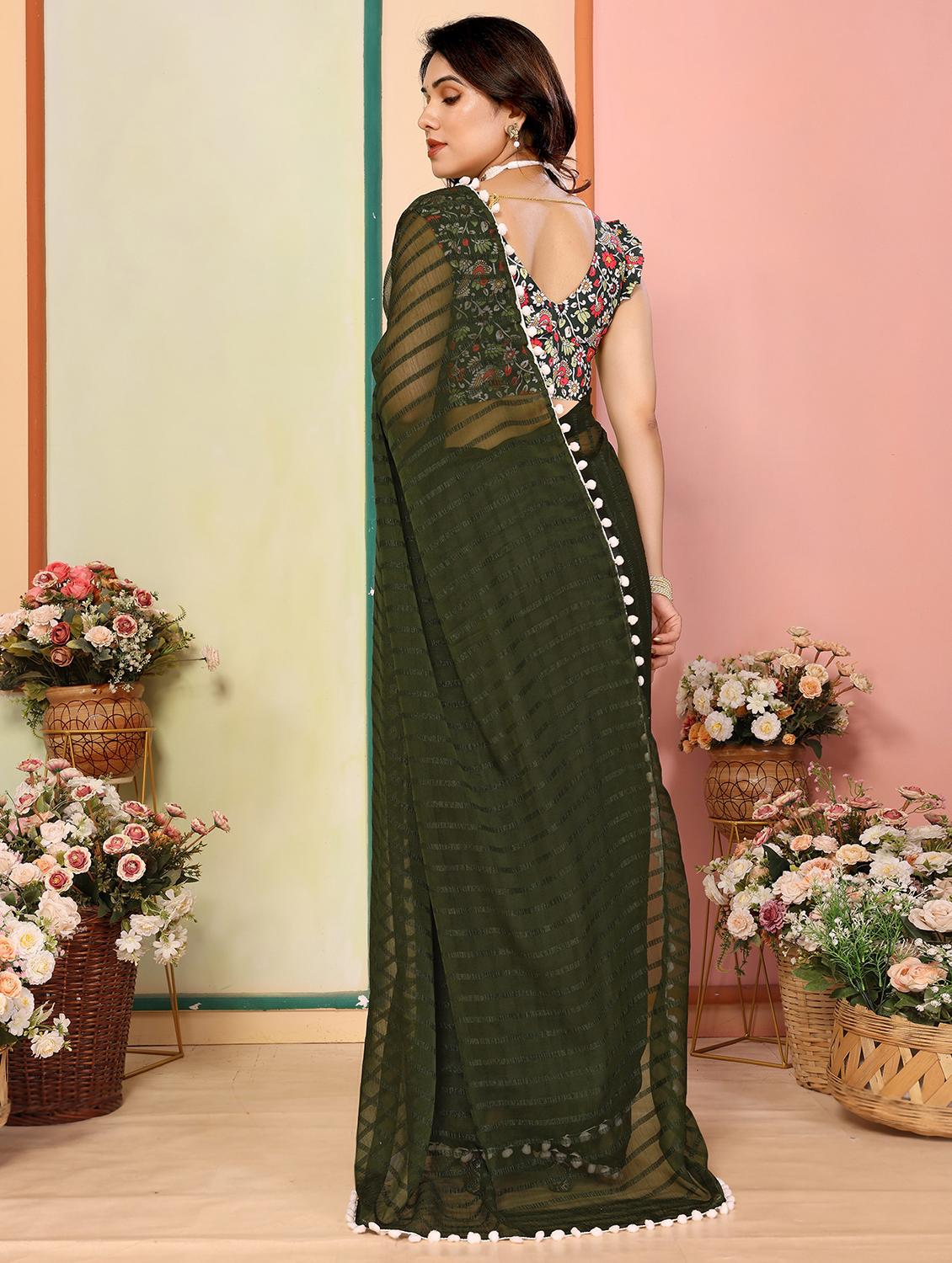 women stripes lace work saree with blouse - 21693465 -  Standard Image - 1