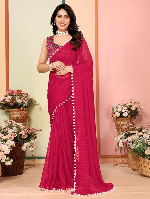 women stripes lace work saree with blouse - 21693467 -  Standard Image - 0