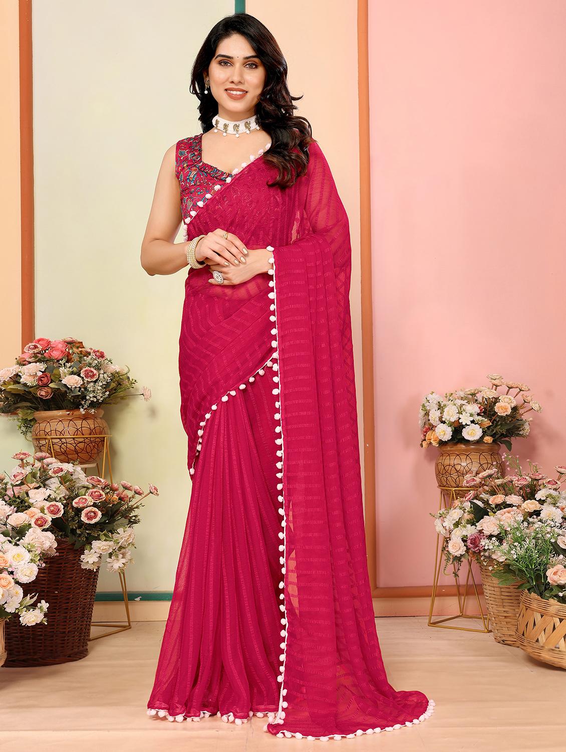 women stripes lace work saree with blouse - 21693467 -  Zoom Image - 0
