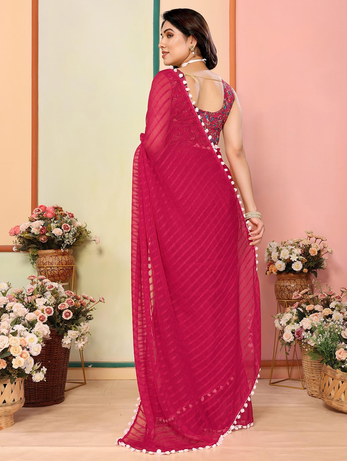 women stripes lace work saree with blouse - 21693467 -  Standard Image - 1