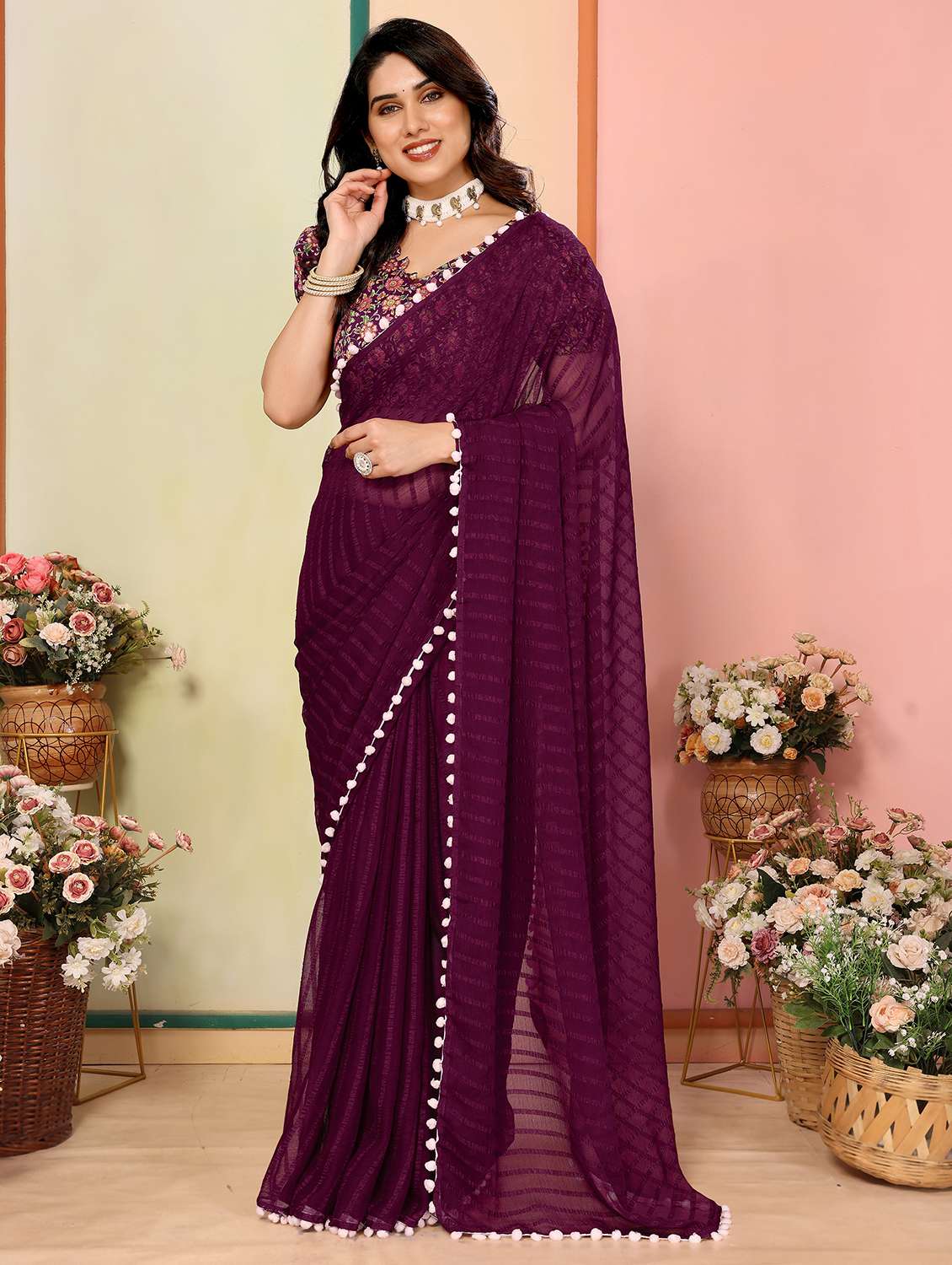 women stripes lace work saree with blouse