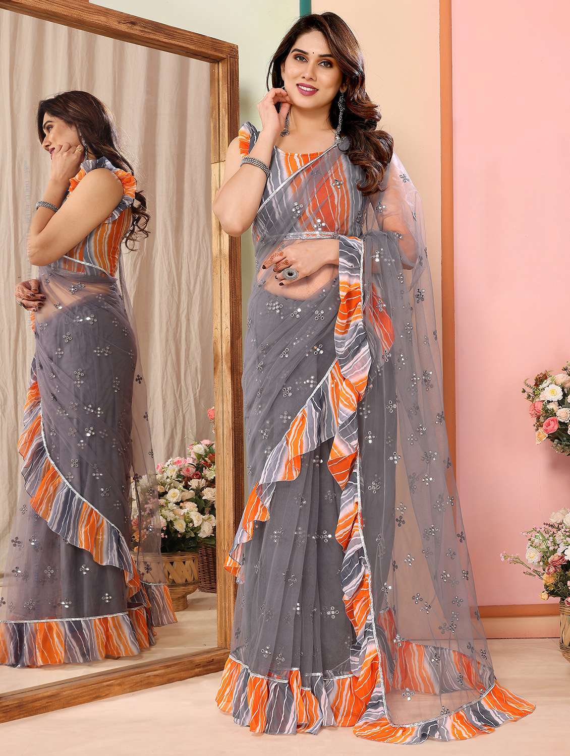 women grey mirror work ruffle saree with blouse