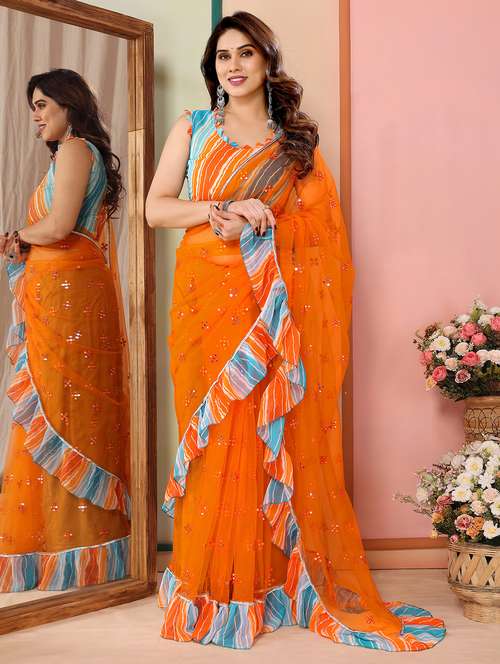women orange mirror work ruffle saree with blouse - 21693494 -  Standard Image - 0