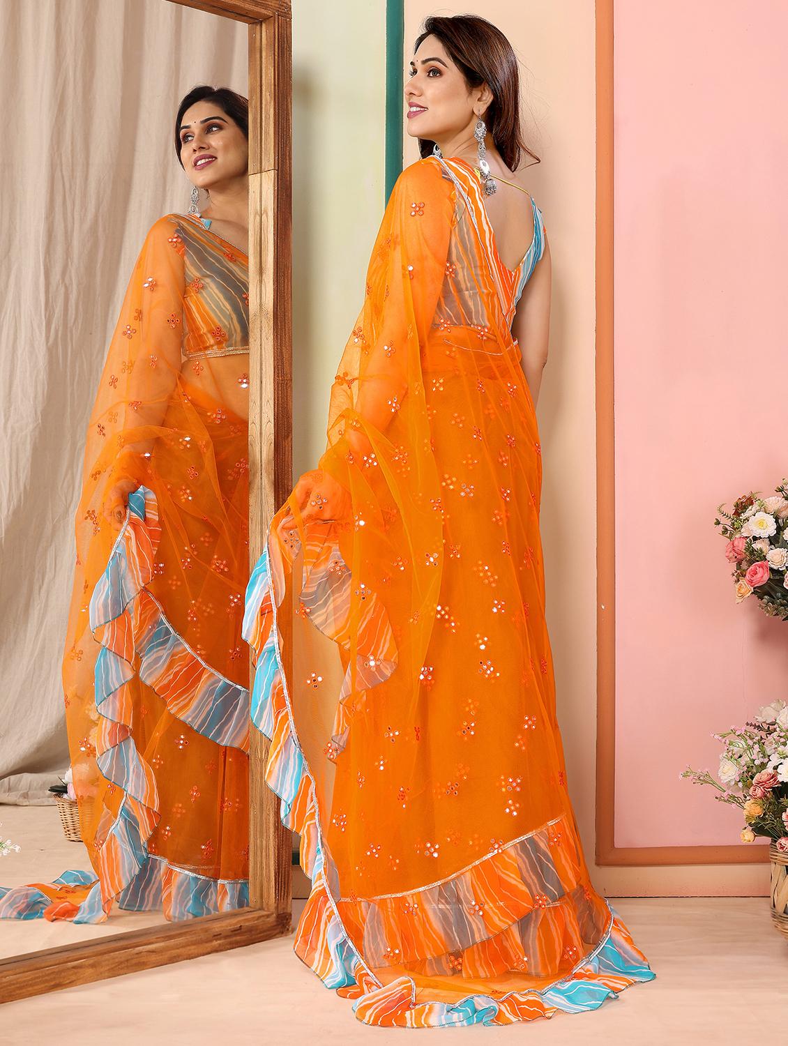 women orange mirror work ruffle saree with blouse - 21693494 - Standard Image - 1
