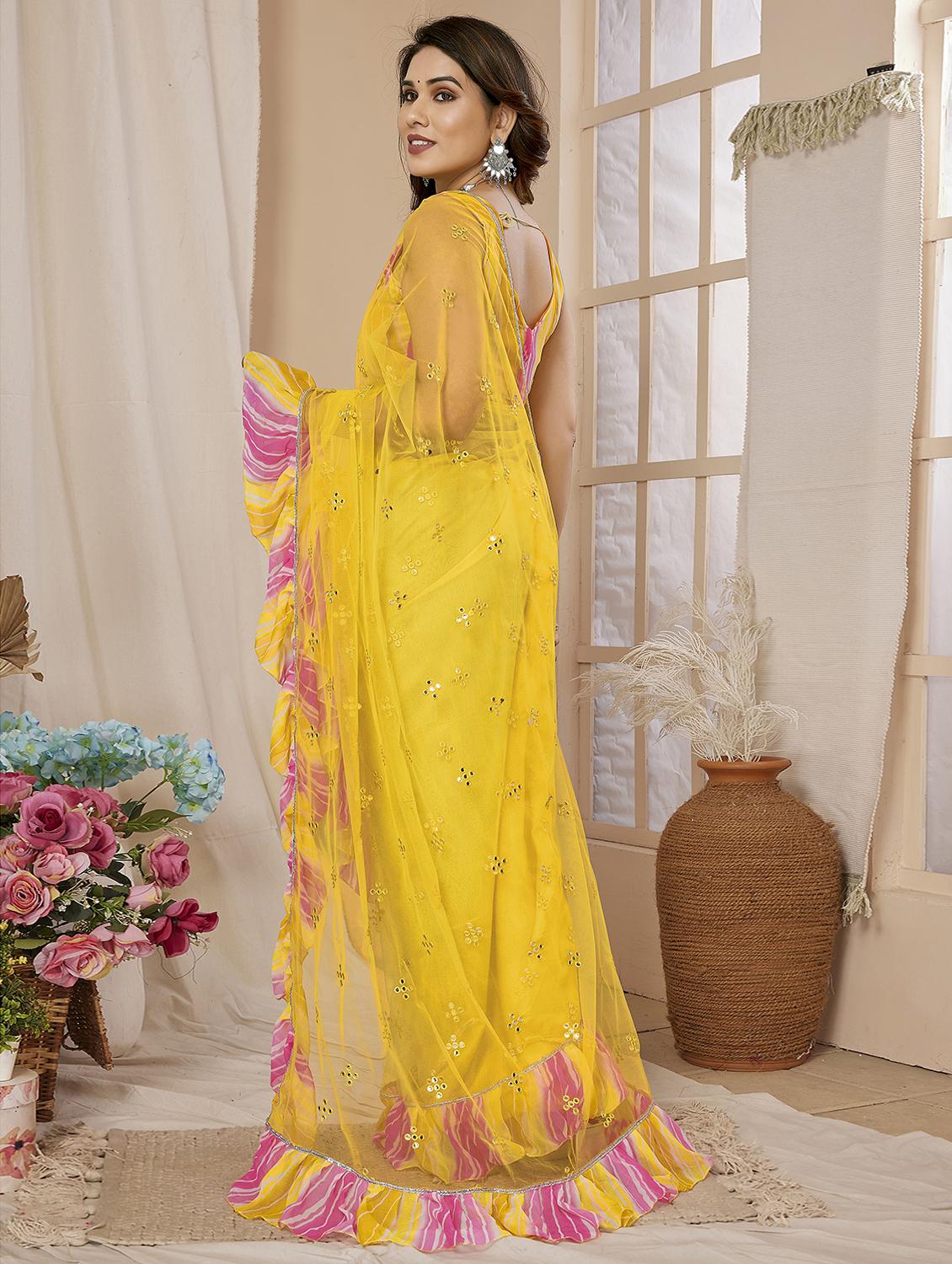 women yellow mirror work ruffle saree with blouse - 21693496 -  Standard Image - 1