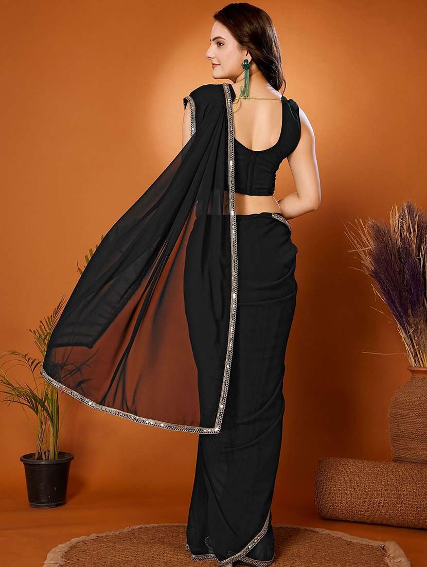 women black solid mirror lace work saree with blouse - 21693497 -  Standard Image - 1