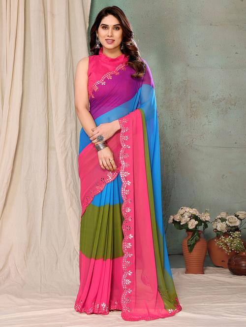 women color block ready to wear saree with blouse - 21693522 -  Standard Image - 0