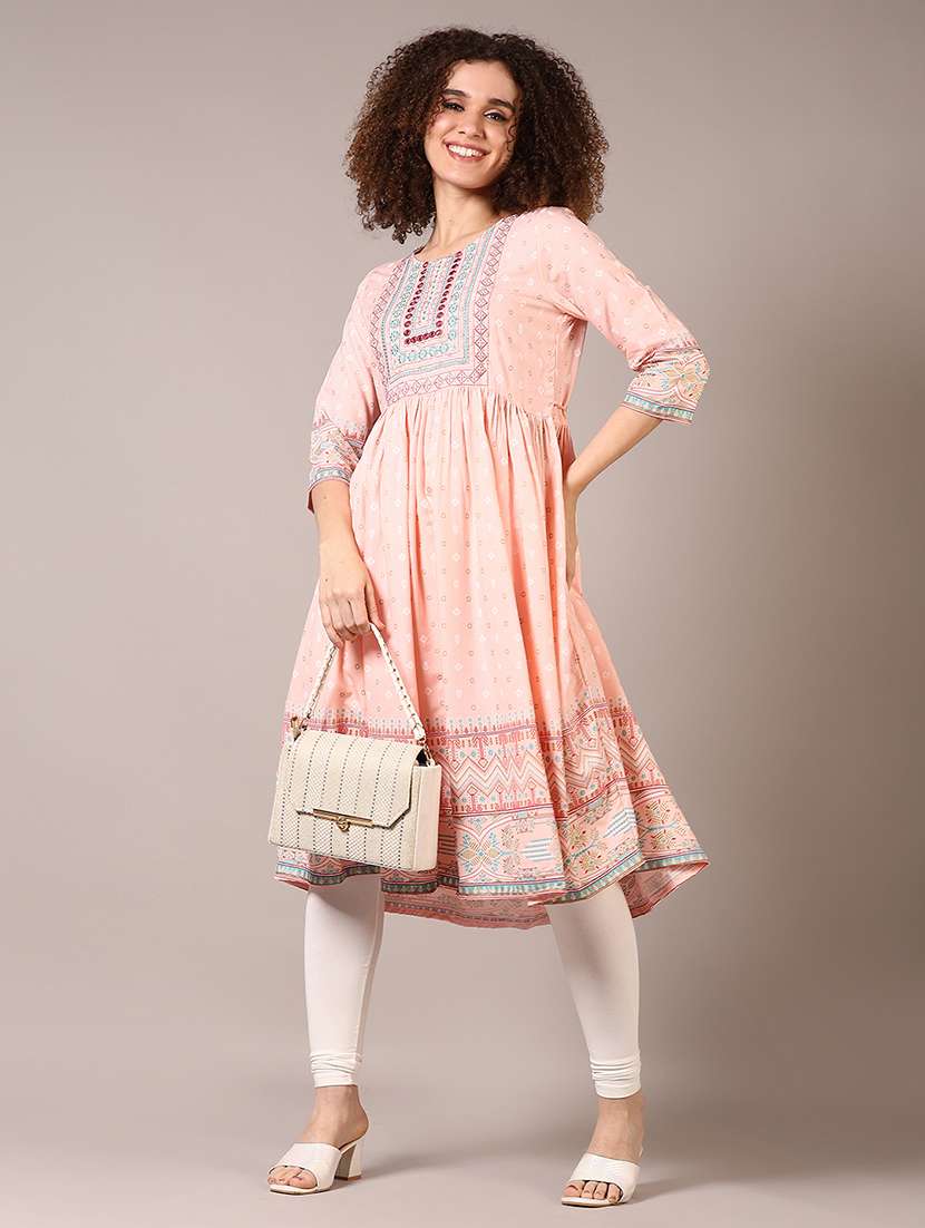 women three quarter sleeve flared kurta - 21693677 -  Standard Image - 1