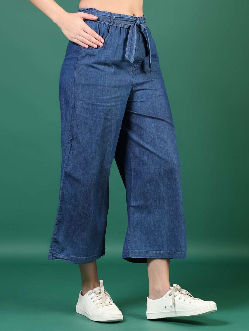 women blue solid mid rise denim trouser - 21693752 - Standard Image - 1