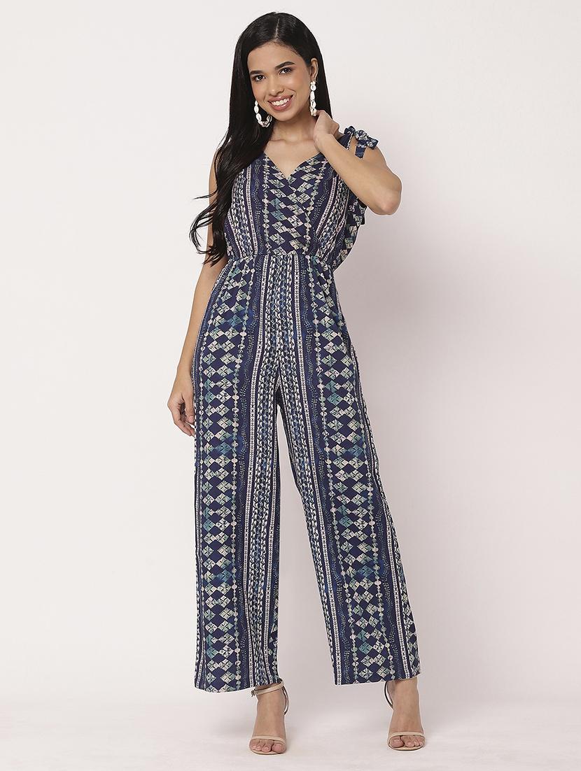 women printed v neck full leg jumpsuit - 21693976 - Standard Image - 1