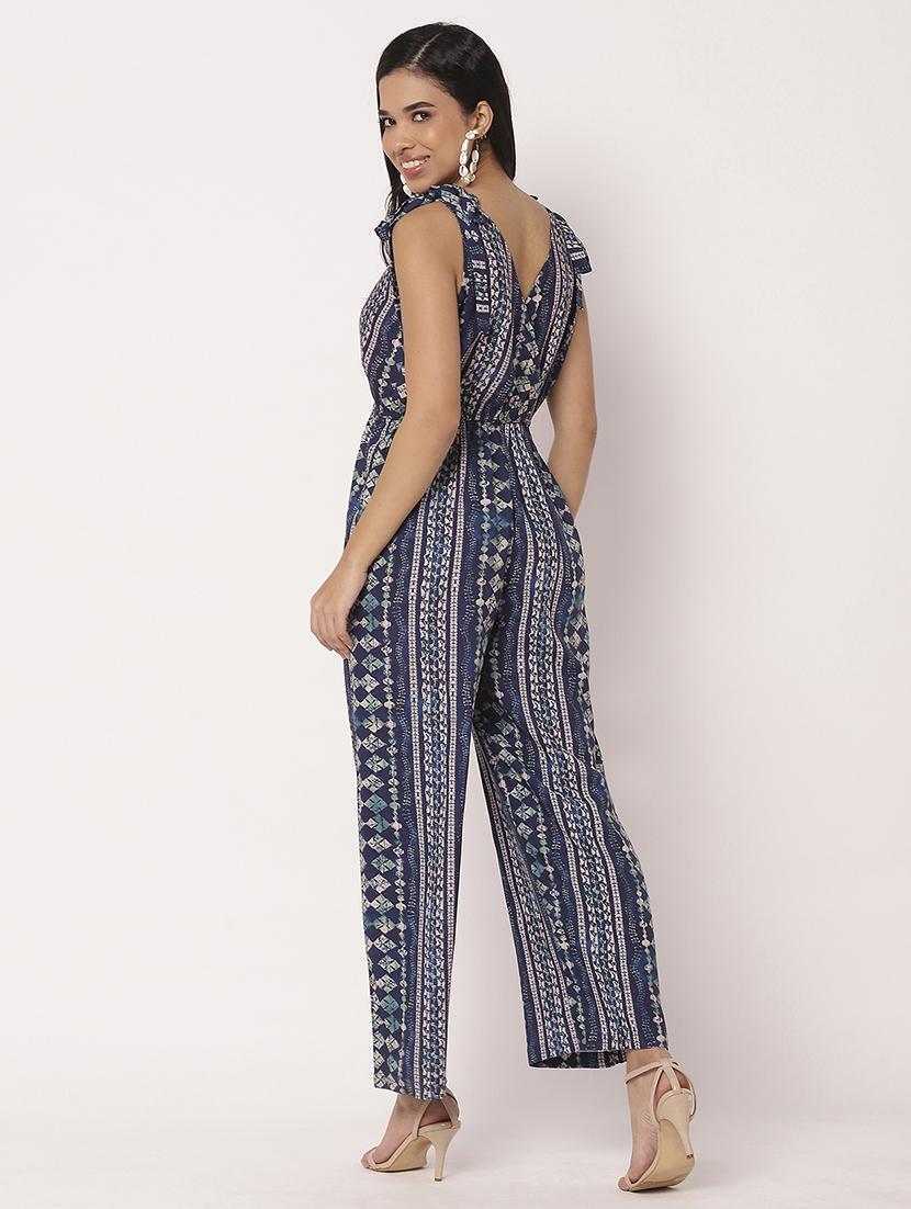 women printed v neck full leg jumpsuit - 21693976 - Standard Image - 4