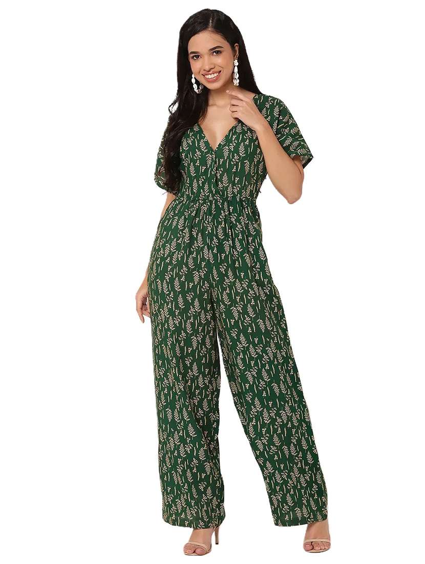 women green printed v neck full leg jumpsuit - 21693980 -  Standard Image - 1