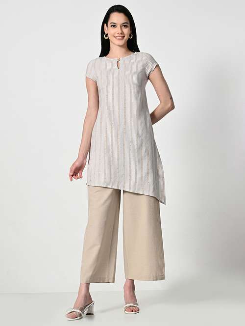 women stripes short sleeve asymmetric kurti - 21693985 -  Standard Image - 0