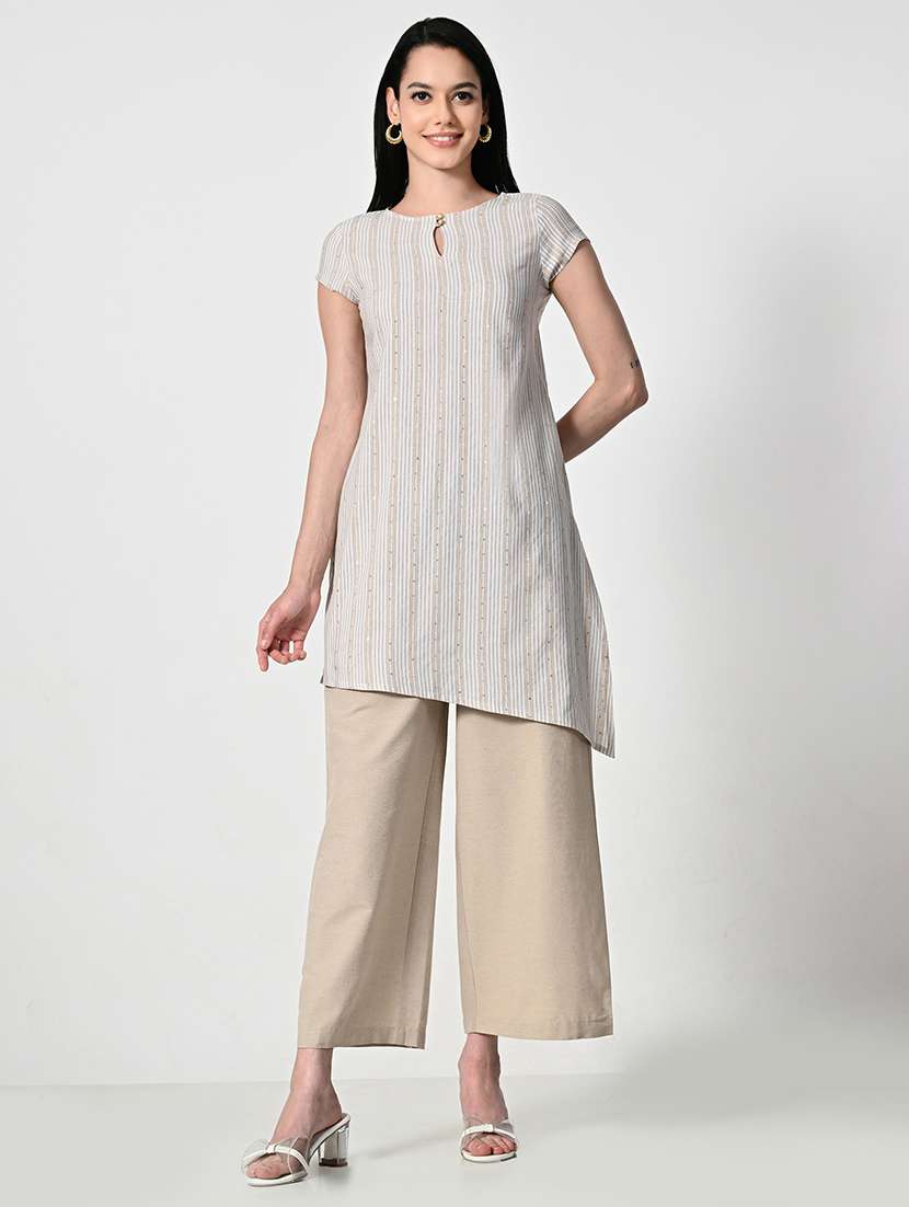 women stripes short sleeve asymmetric kurti